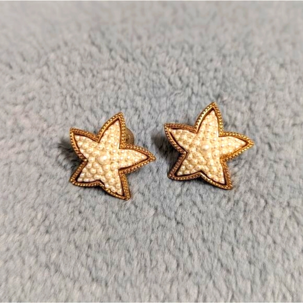 Vintage Goldtone and Faux Pearl Starfish Pierced Earrings - Picture 5 of 5